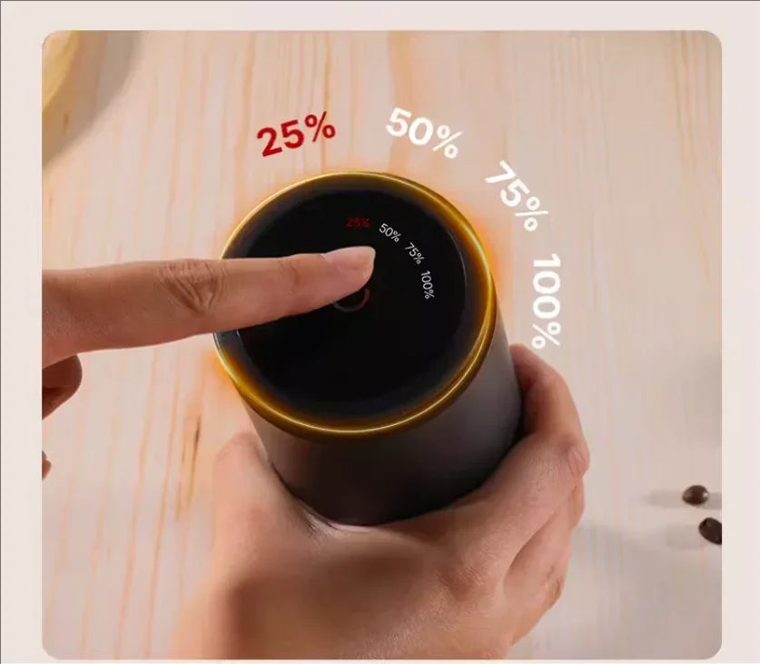 Hand holding a coffee cup with a digital display showing percentage levels on a wooden surface.