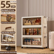 Storage cabinet with transparent doors displaying items, accompanied by dimensions and features on the left.
