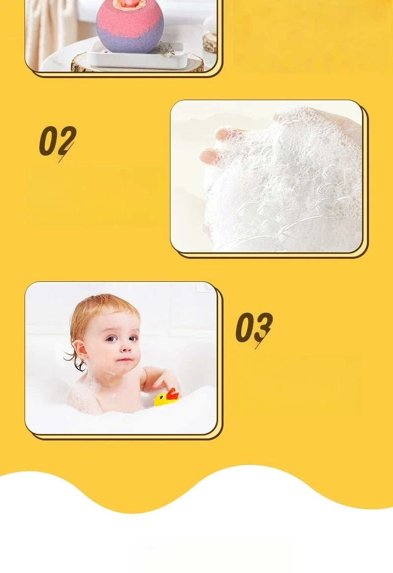 Collage of a baby, bath products, and a toy on a yellow background