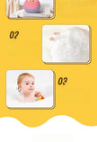 Collage of a baby, bath products, and a toy on a yellow background