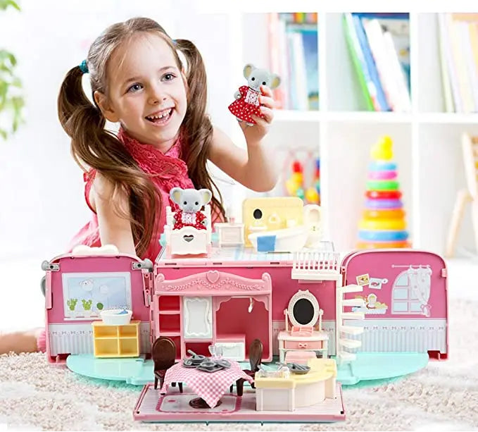 Child playing with a toy dollhouse and teddy bear, with text 'Enjoying Playing' above.