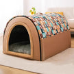 Pet bed with patterned cover on a light-colored floor