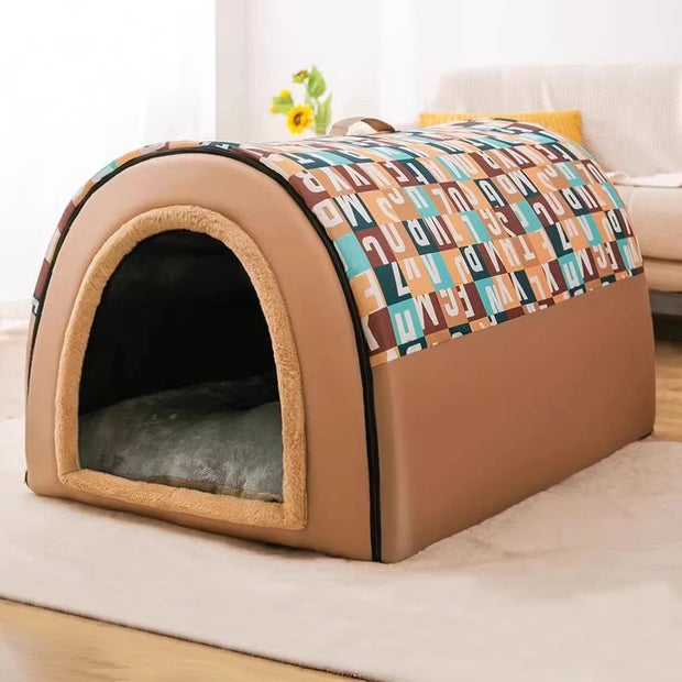 Pet bed with patterned cover on a light-colored floor