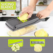 Kitchen slicer being used to slice a potato with additional images of sliced vegetables on a gray background.
