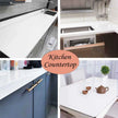 Collage of kitchen countertops with different designs and features.