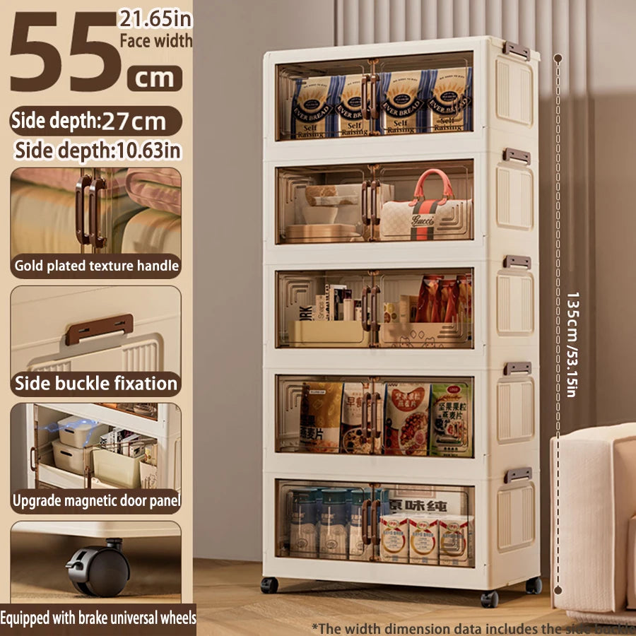 Multilevel storage cabinet with transparent doors displaying various items, shown with dimensions and features.