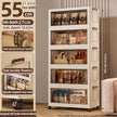 Multilevel storage cabinet with transparent doors displaying various items, shown with dimensions and features.