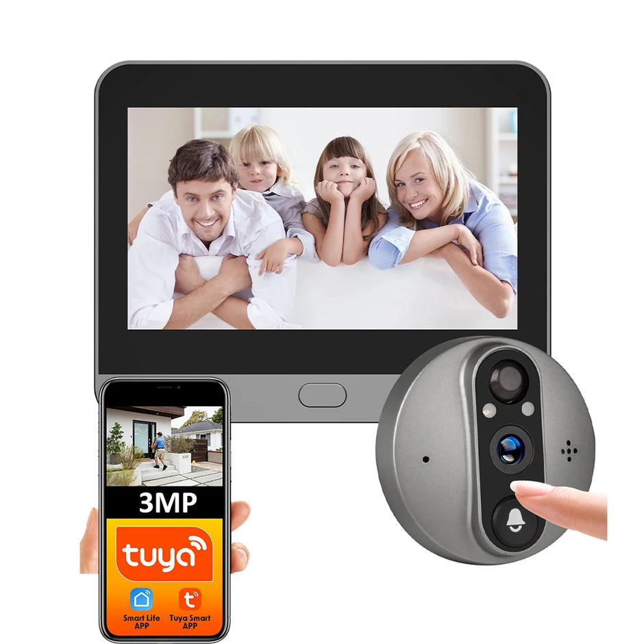 Smart doorbell system with display, camera, and smartphone app on a white background