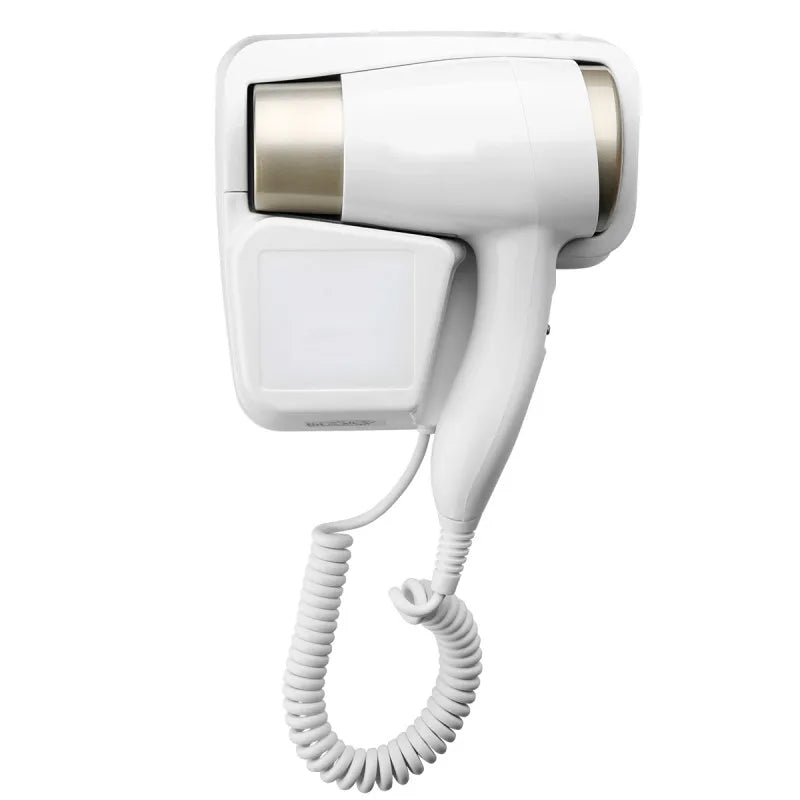 White wall-mounted hair dryer with coiled cord on a white background