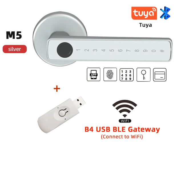 Smart door handle with USB BLE gateway on a white background, featuring Tuya branding.