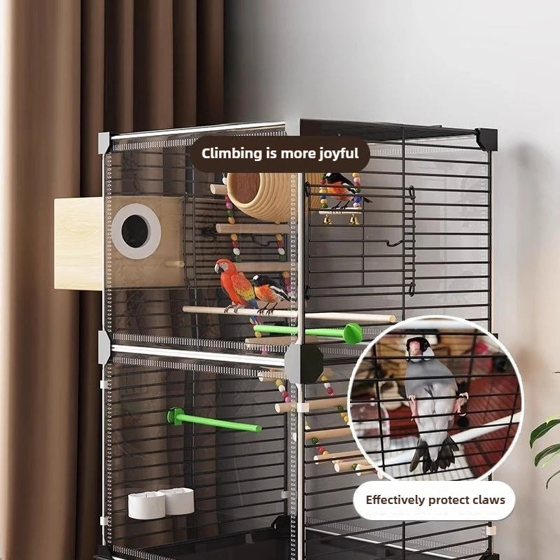Bird cage with perches and toys, featuring birds inside, on a neutral background.