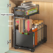 Cabinet organizer with height adjustment feature inside a wooden cabinet.