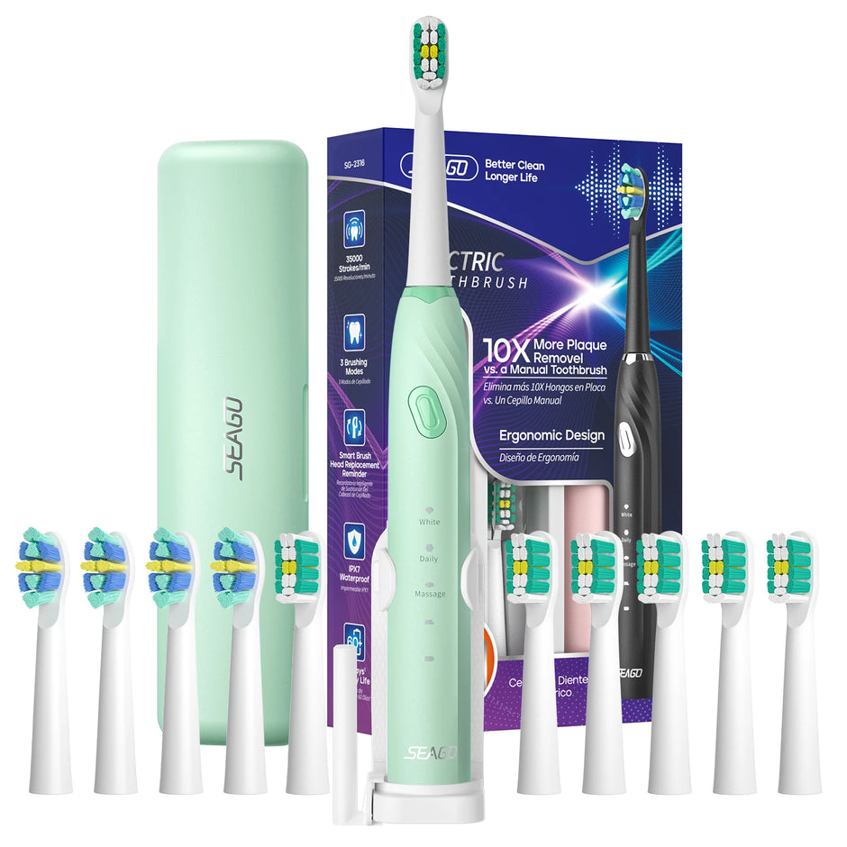 Electric toothbrush set with multiple brush heads and packaging on a white background