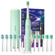 Electric toothbrush set with multiple brush heads and packaging on a white background