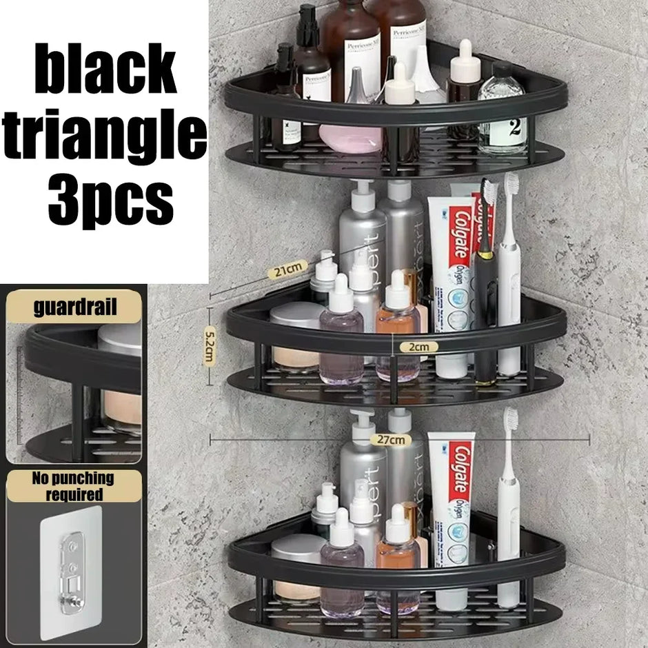 Black corner shelf with toiletries on a gray wall, showing dimensions and features.