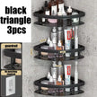Black corner shelf with toiletries on a gray wall, showing dimensions and features.