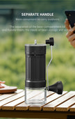 Coffee grinder on a wooden table with a blurred green background