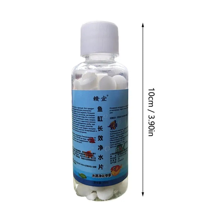 Bottle of fish pond water treatment tablets with measurement details on a white background