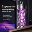 Mosquito killer lamp with purple light on a window sill, labeled as 'expensive' and 'super strong'.