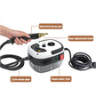 Handheld steam cleaner with labeled parts on a white background