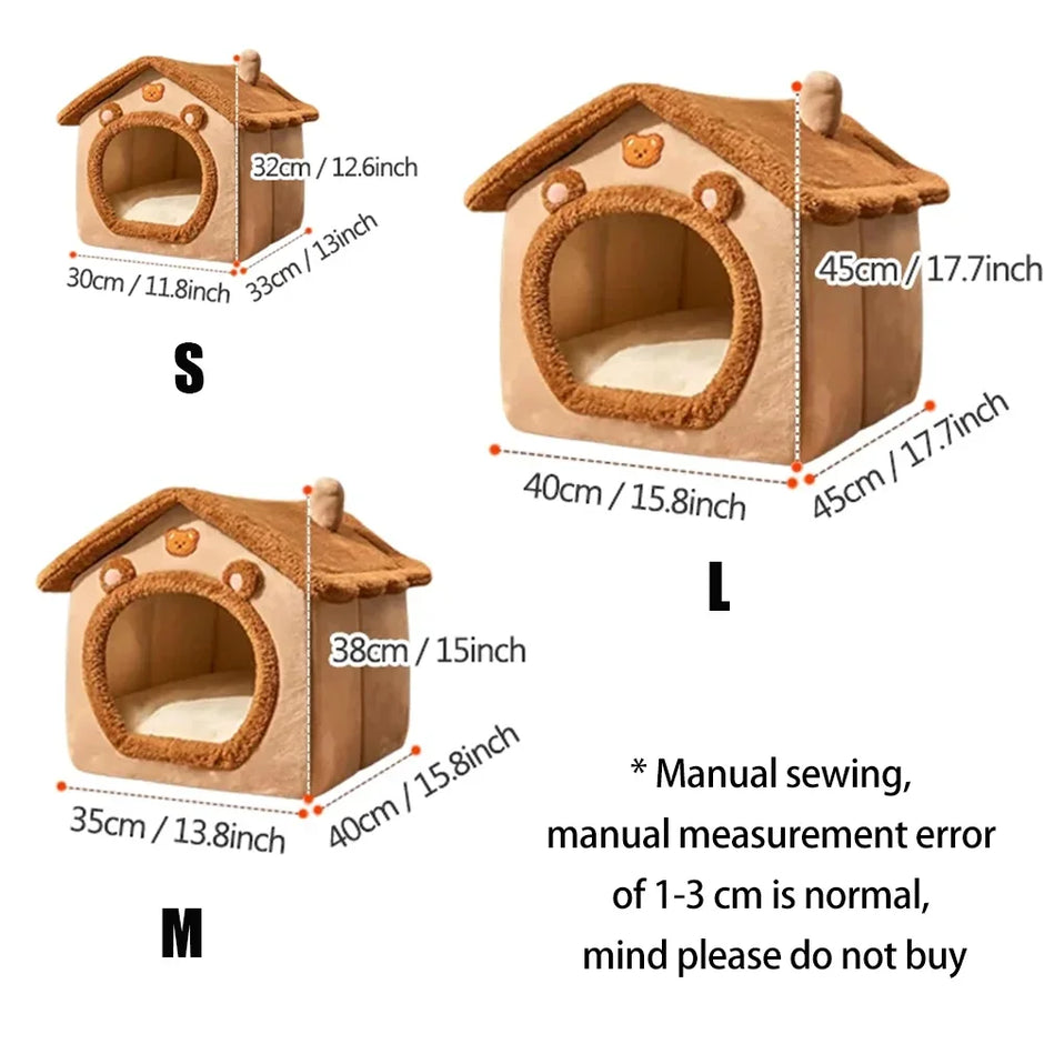 Three sizes of pet houses with dimensions labeled on a white background