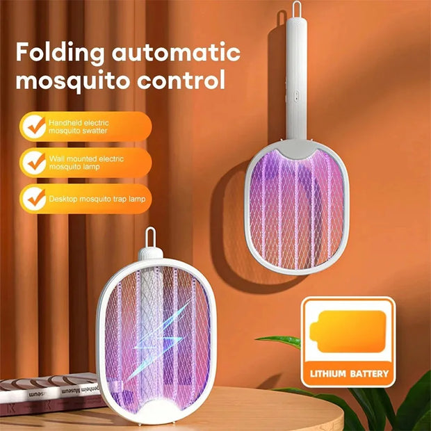 Folding automatic mosquito control device with battery icon on an orange background
