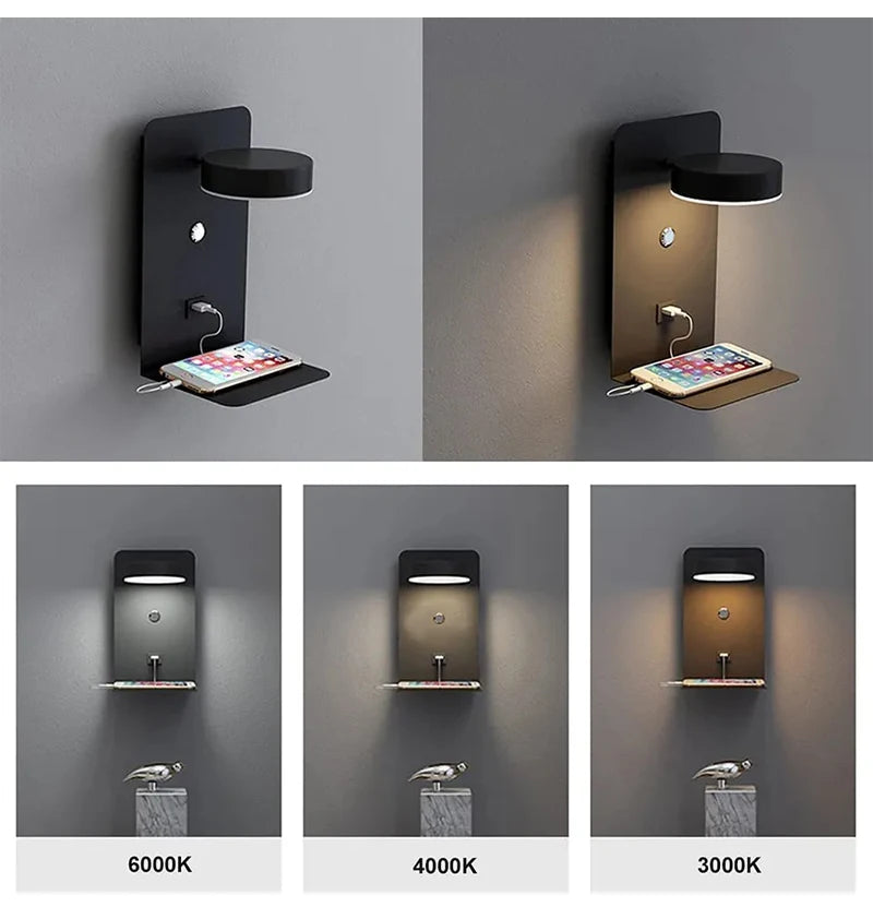 مصباح جداري LED Art Deco مع منفذ USB للشحن ومفتاح لمس – أسود وأبيض