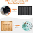 Product comparison between polypropylene and bamboo materials with text on cleaning and safety.