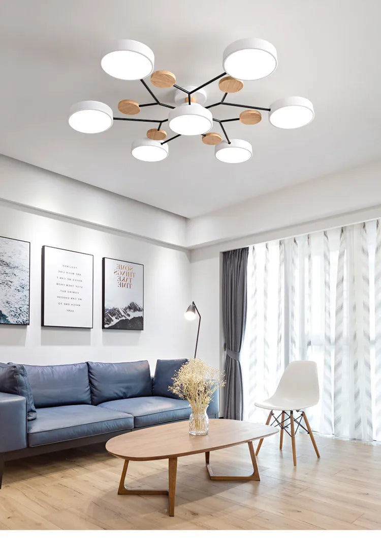 Modern living room with a chandelier, sofa, coffee table, and decorative elements.