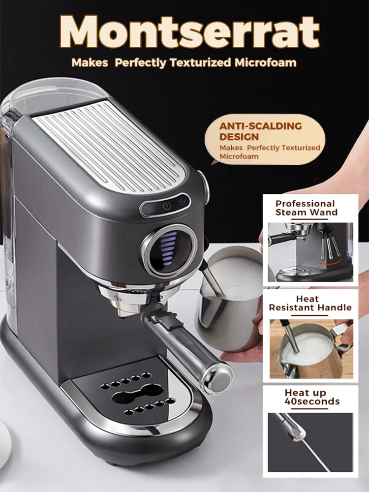 Montserratt espresso machine with features highlighted on a white background
