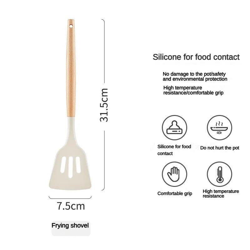 Frying shovel with dimensions and features on a white background