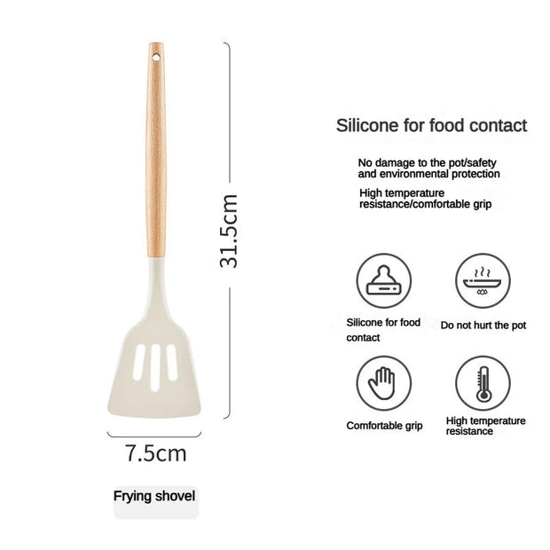 Frying shovel with dimensions and features on a white background