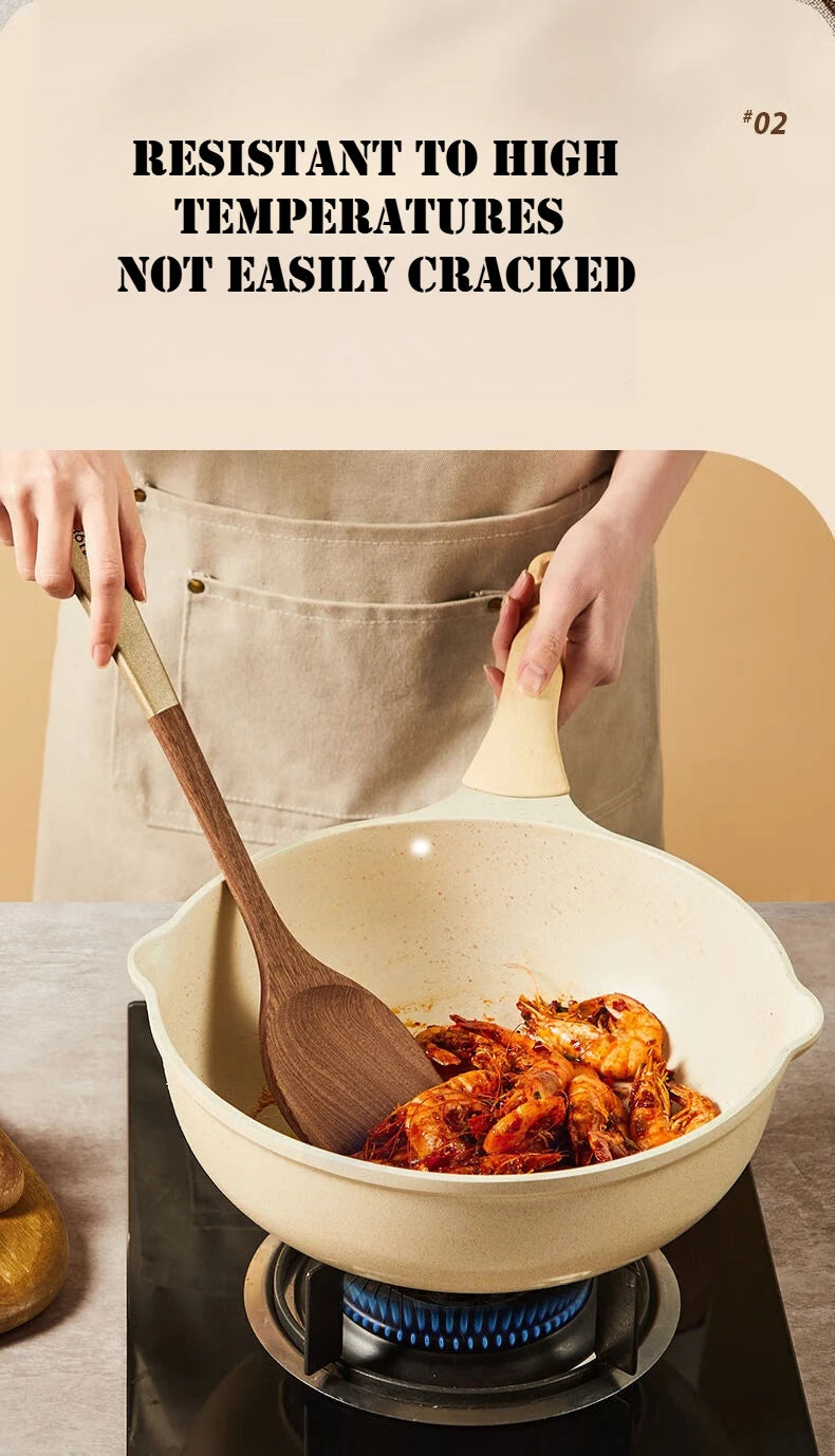 Person cooking in a kitchen with a beige pot and wooden spoon, text about material properties.