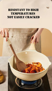Person cooking in a kitchen with a beige pot and wooden spoon, text about material properties.