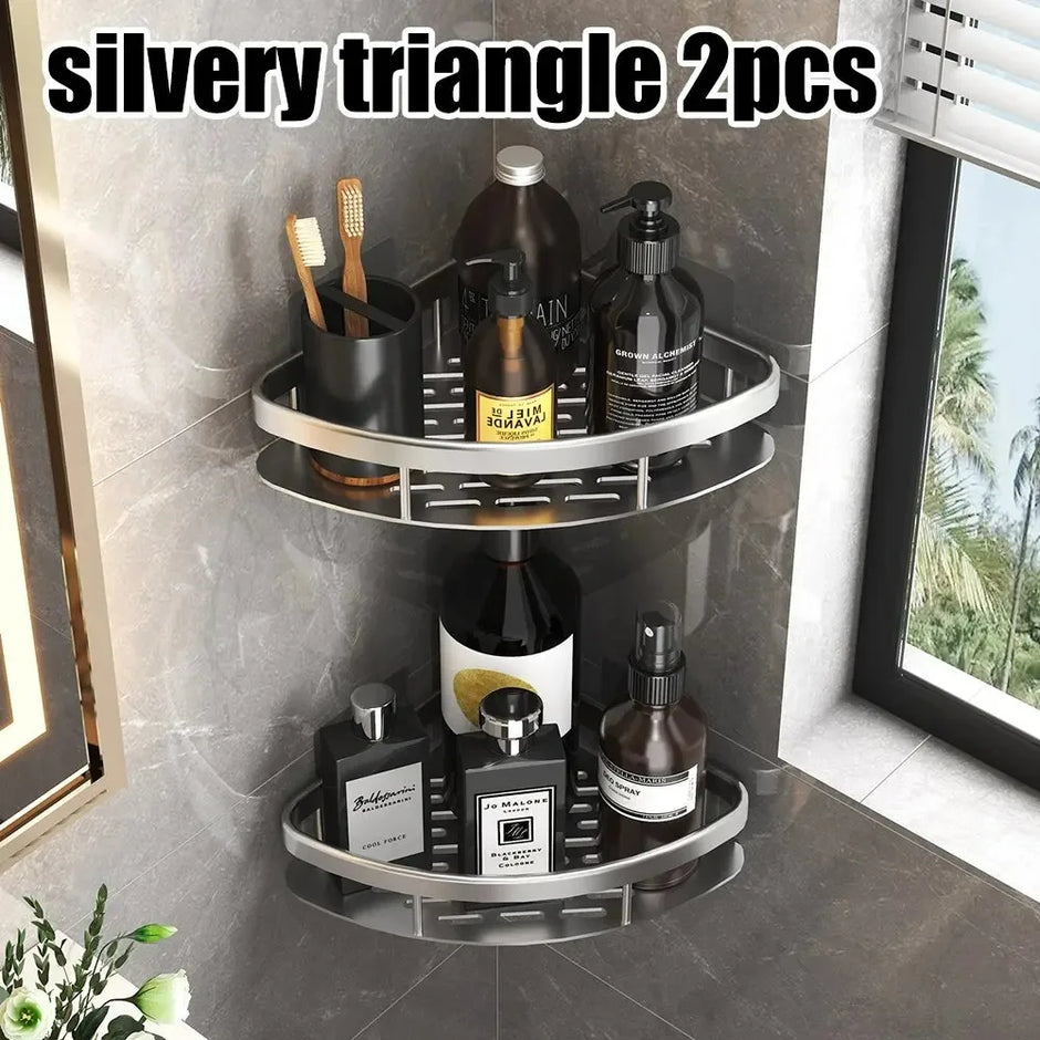Bathroom corner shelf with various bottles and toiletries against a tiled wall.