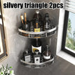 Bathroom corner shelf with various bottles and toiletries against a tiled wall.