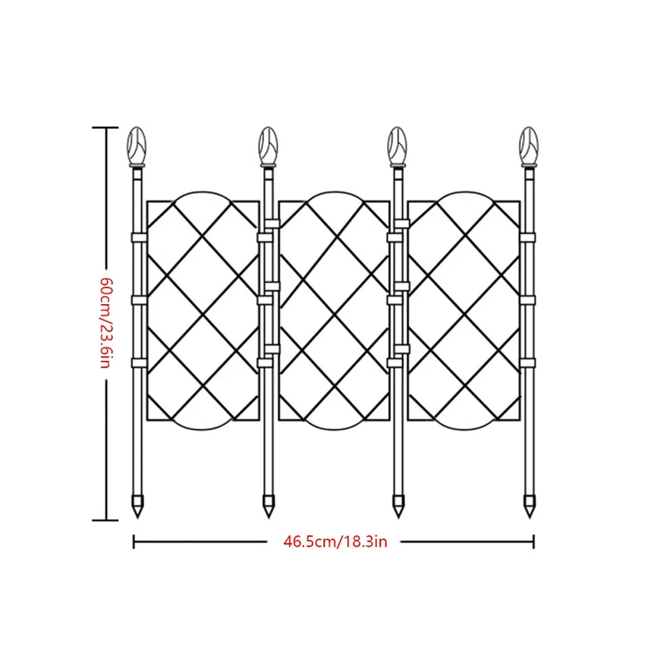 Technical drawing of a decorative metal gate with dimensions on a white background