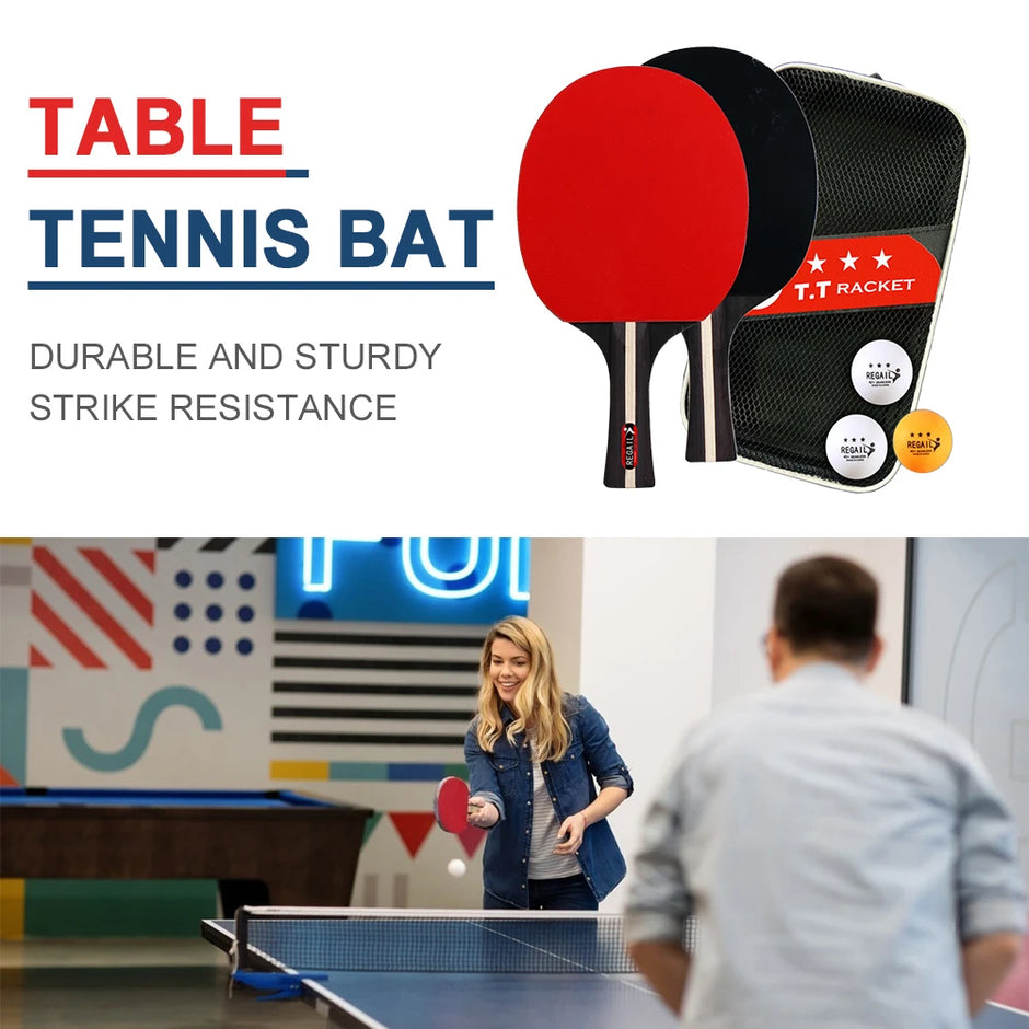 Table tennis bat with racket case and balls, and two people playing table tennis.