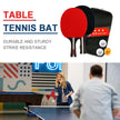 Table tennis bat with racket case and balls, and two people playing table tennis.