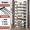 Black shoe rack with shoes on multiple shelves, showing product size and features.