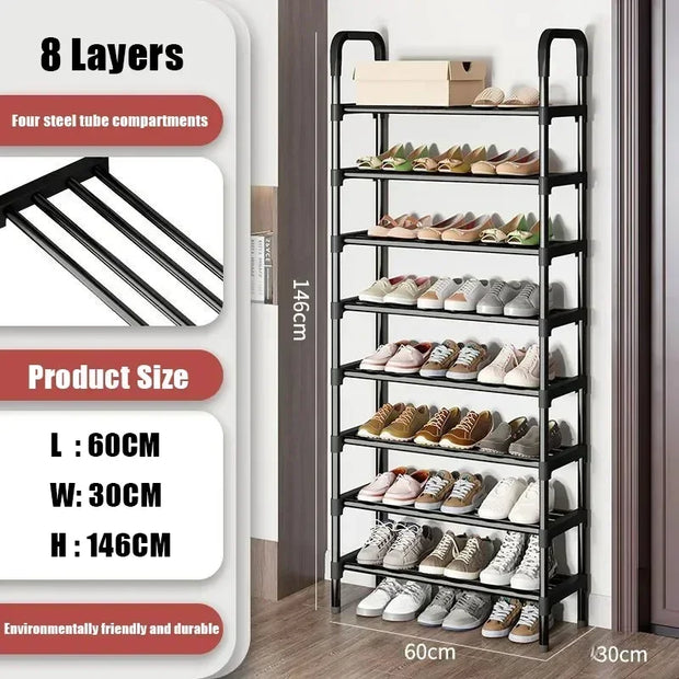 Black shoe rack with shoes on multiple shelves, showing product size and features.