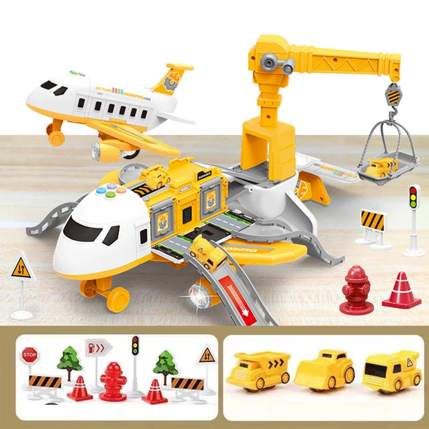 Toy airport set with planes, vehicles, and traffic lights on a white background