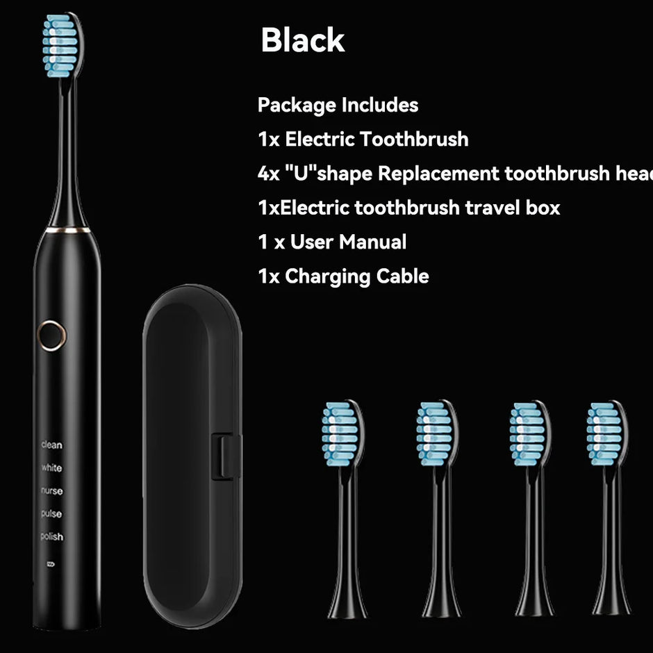 Black electric toothbrush set with travel case, replacement heads, and charging cable on a black background.