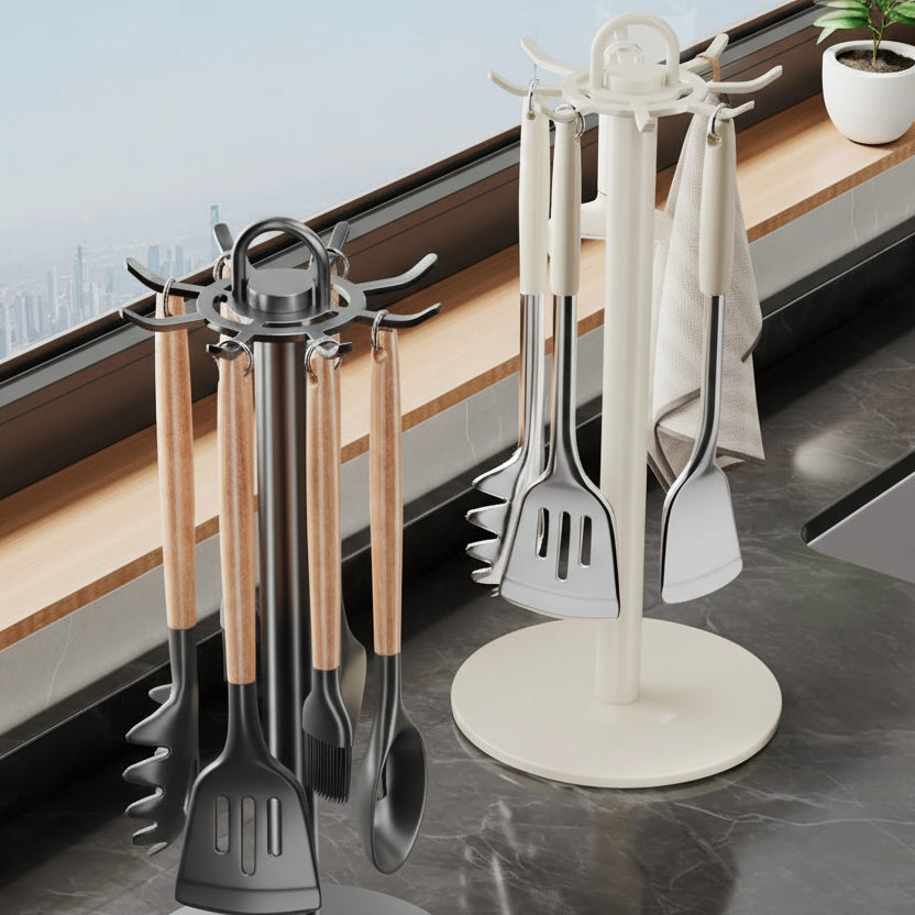 Two spatula stands with spatulas on a kitchen counter, showcasing storage solutions.