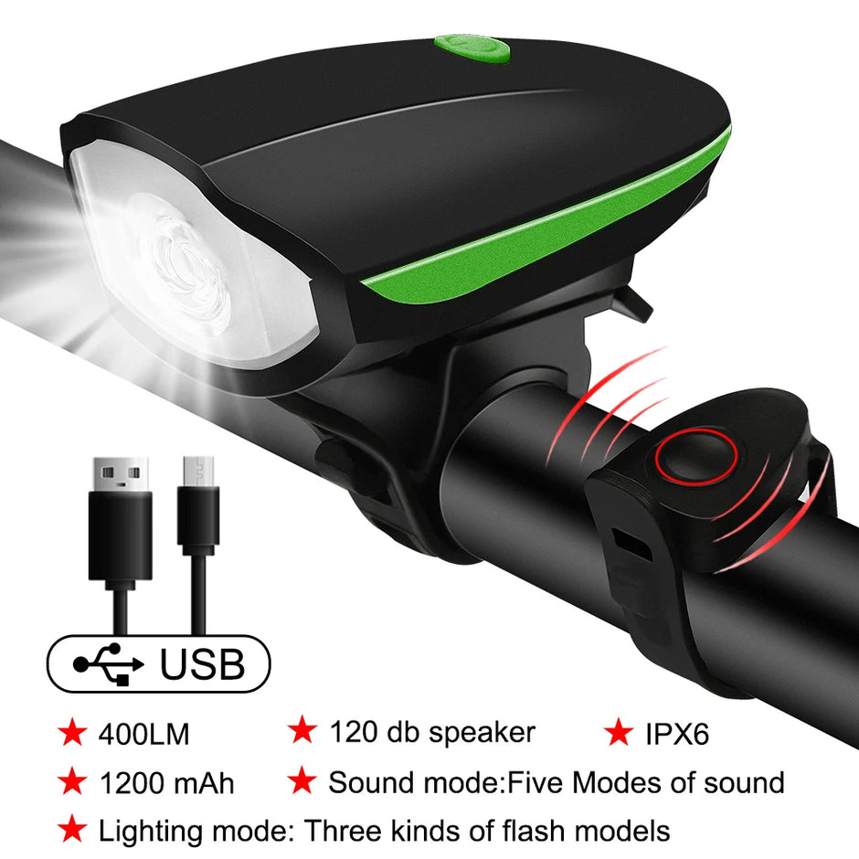 Bicycle light with USB cable, speaker, and various features on a white background