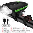 Bicycle light with USB cable, speaker, and various features on a white background