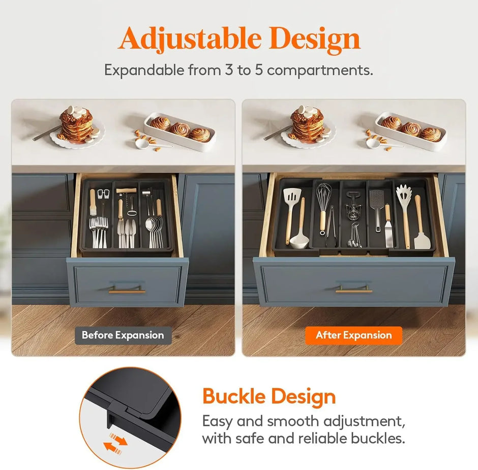 Kitchen drawer organizer showing before and after expansion with adjustable design and buckle mechanism.