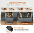 Kitchen drawer organizer showing before and after expansion with adjustable design and buckle mechanism.