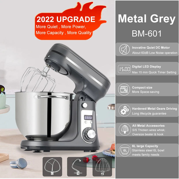 BioloMix BM-601 Stand Mixer – 1200W DC Motor, 6L Bowl, 6 Speeds, LED Display