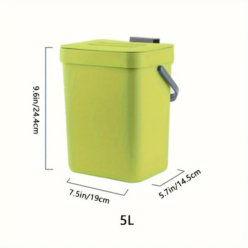 Green trash bin with dimensions on a white background